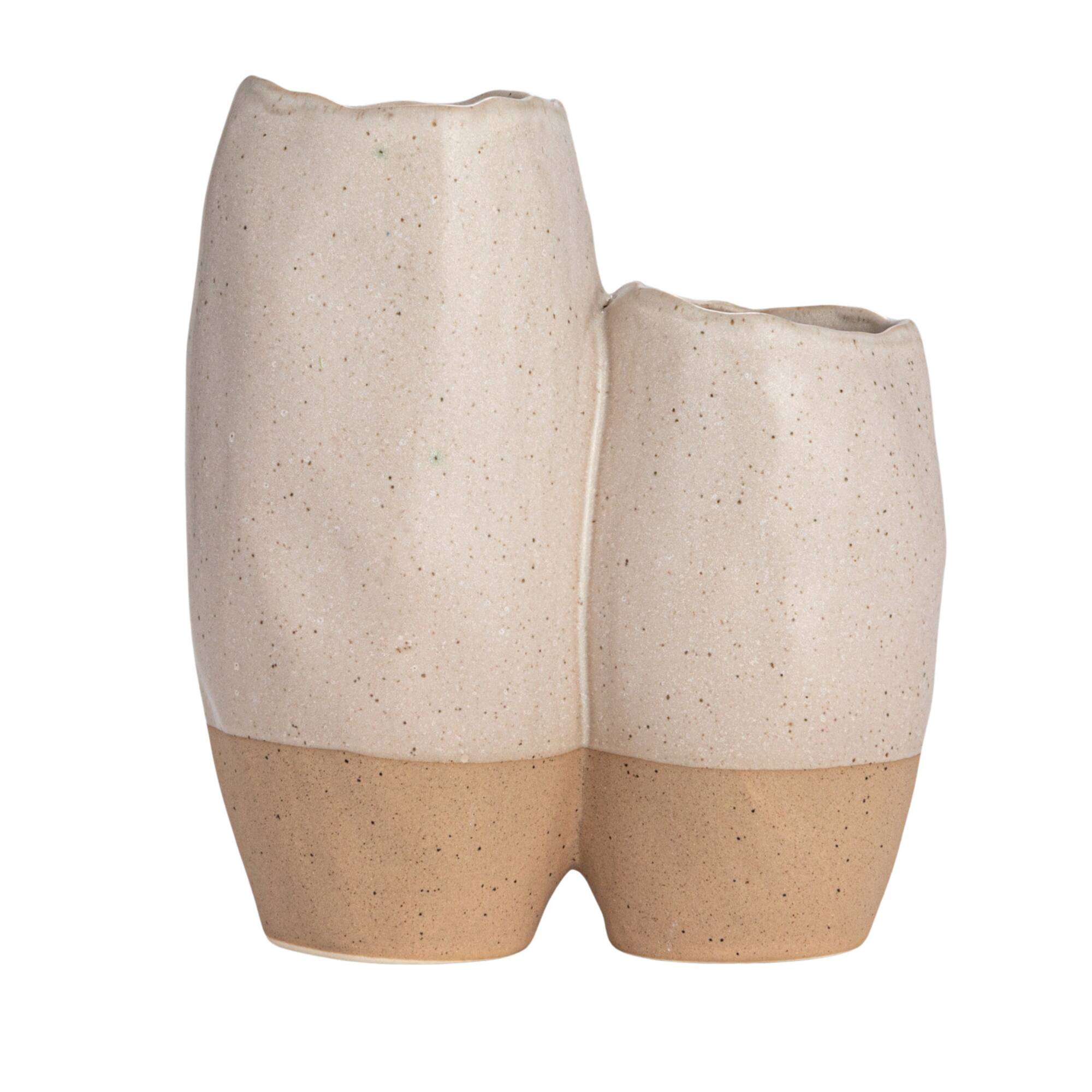 Hello Honey® 6.25" White & Beige 2-Tone Stoneware Vase with Reactive Glaze